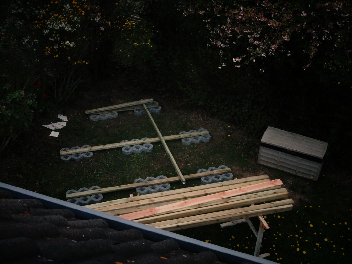 Blocks and timber ready to go, seen from the roof